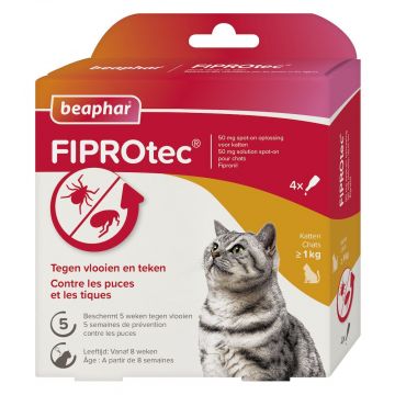 Beaphar Fiprotec pour chat > ​​1 kg contre les tiques et les puces 4 pipettes de 0,50 ml