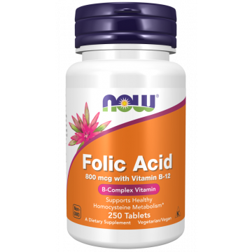 NOW Acide folique 800 mcg avec vitamine B12 250 comprimés