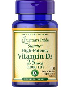 Puritan's Pride Vitamine D3 25 mcg 1000 IU 100 Softgels 15605