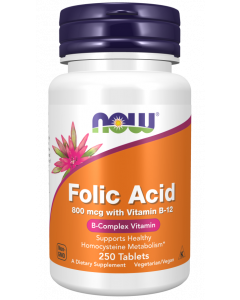 NOW Acide folique 800 mcg avec vitamine B12 250 comprimés